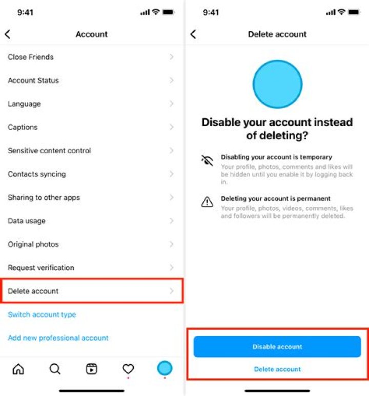 How do I delete a profile in Instagram?